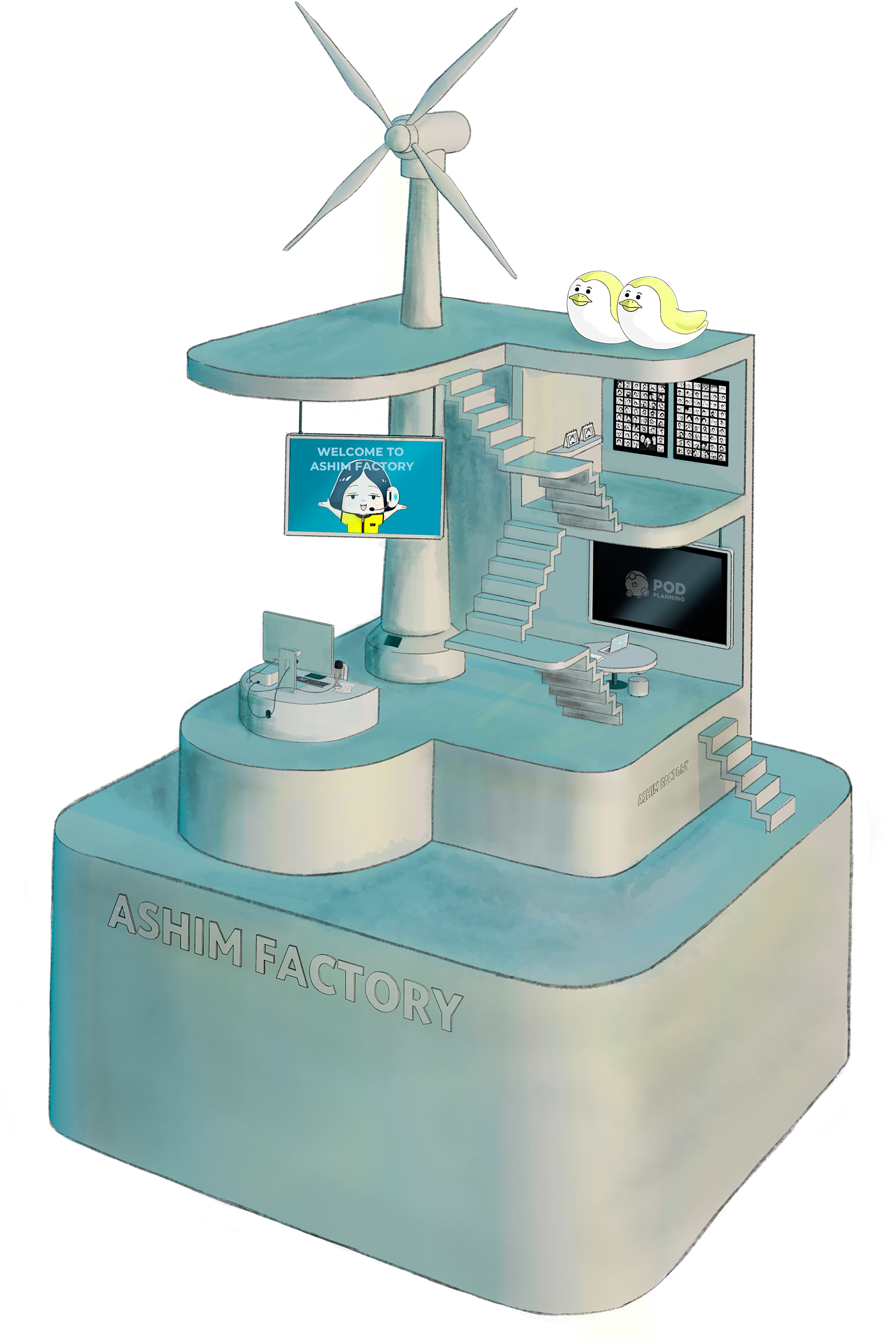 そびえ立つASHIM FACTORYタワー。1階には大きなモニターやテーブル、作業場所があり、2階には1コマ漫画のパネルが展示してある。そして屋上には風車がある。