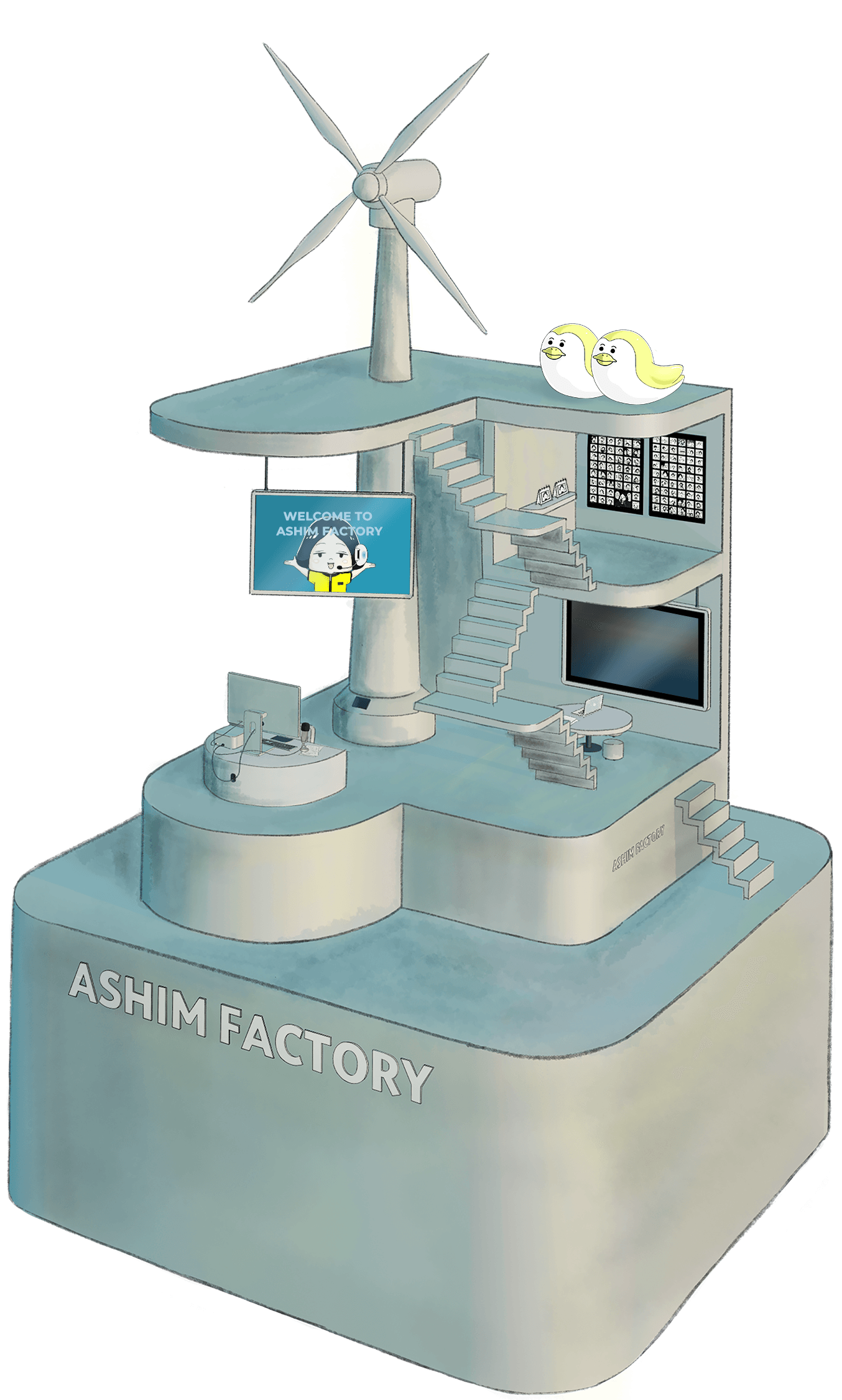 そびえ立つASHIM FACTORYタワー。1階には大きなモニターやテーブル、作業場所があり、2階には1コマ漫画のパネルが展示してある。そして屋上には風車がある。